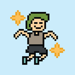 Cute cartoon pixel character cute man exercises training aerobic dance lifestyle music decoration life style 8 bit male boy dance background with music game 8bit fitness vector.