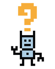 Cartoon cute pixel art of Humanoid robot or ai learning skill robotic chat bot robots business vector character automation background 8 bit art.