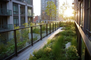 Serene Elevated Urban Garden Pathway at Golden Hour, Flanked by Modern Buildings with Sun Flare.