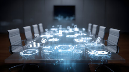 Futuristic boardroom setting showcasing digital information display, holographic interface, glowing white graphical elements, and chairs, suggesting meetings, data visualization, innovation, and...