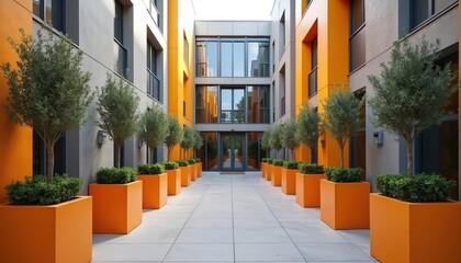 Modern courtyard with bright orange planters and green trees. Contemporary building facade has grey and yellow walls. Clean tiled walkway leads to glass doors.