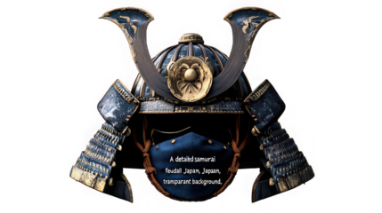 Close up view of a samurai helmet with ornate details on a black transparent background design item