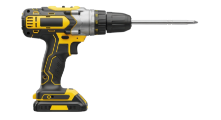 Cordless drill with long drill bit isolated PNG with Transparent Background
