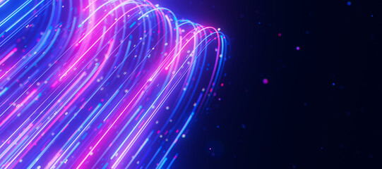 Bigdata light speed data flow turn closeup. Abstract digital data stream of quantum computing. Cyberspace of qubit trails. Modern tech information transmission.