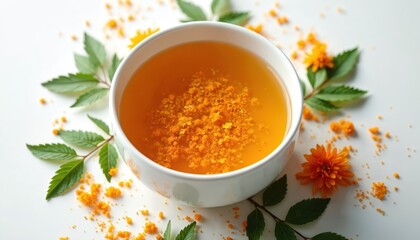 White ceramic bowl with orange marigold infusion surrounded by green leaves, flower petals on white surface. Yellow liquid, dried marigold flowers in bowl. Natural remedy for skincare, wellness.