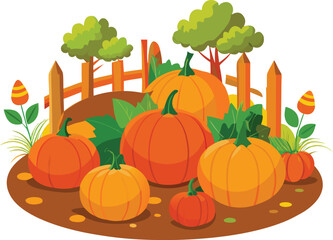 A vibrant autumnal arrangement of pumpkins and gourds in a garden patch