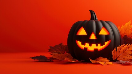 Glowing Halloween Pumpkin Among Autumn Leaves on Orange Background