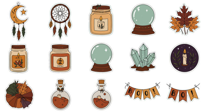 boho halloween sticker set autumnal mystical stickers with potions crystals and banners for diy crafts party invitations and social media posts