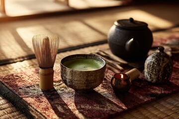 Serene Japanese Matcha Tea Ceremony Setup with Chasen and Chawan in Warm Sunlight.