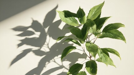 A vibrant green plant with detailed leaves casts a dramatic shadow on a clean white background, highlighting its natural beauty and form
