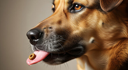 Dog shows playful side with dry food on its tongue captured in a close-up profile shot