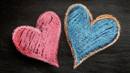 Two chalk hearts pink and blue on a black surface closeup.