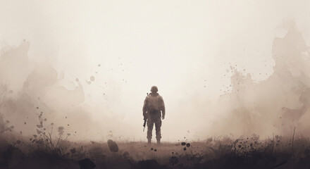 Soldier returns home in a blurred watercolor setting, evoking emotions of longing and reunion after a long journey
