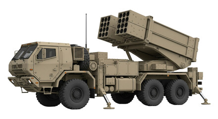 Modern artillery rocket launcher system in photorealistic detail showing a wheeled multiple rocket system design