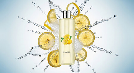 Stylish shampoo bottle surrounded by fresh lemon slices and frothy water creates a refreshing scene