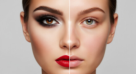 Woman showcases contrasting makeup styles with glamorous transformation on one side and natural beauty on the other