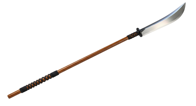 Elegant Japanese naginata with a long wooden shaft and curved blade displayed on a transparent background