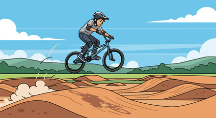 Fototapeta premium Illustration of bmx rider performing jump on dirt track perfect for extreme sports and outdoor adventure content