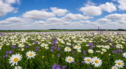 Field of Daisies and Purple Flowers Under a Cloudy Sky