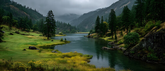 River flows through a valley surrounded by lush green meadows and dense forests on a cloudy day