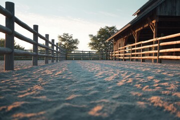 Serene Equestrian Arena at Sunrise with Rustic Wooden Fencing and Barn.