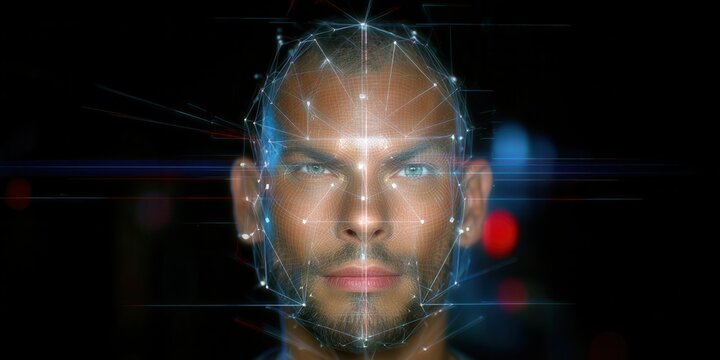 Facial Recognition Analysis Concept. Digital face representation with abstract lines and glowing effects.