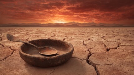 Rusty bowl with spoon rests on cracked ground during sunset in a barren landscape