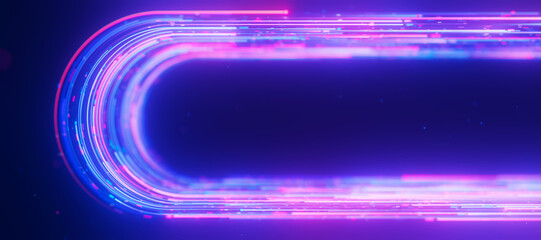Bigdata light speed data flow U-turn side view. Abstract digital data stream of quantum computing. Cyberspace of qubit trails. Modern tech information transmission.