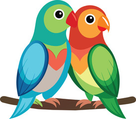 Fototapeta premium Colorful lovebirds sitting together illustration, Cute romantic parrot couple design