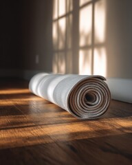Serene Morning Ritual - Rolled Yoga Mat Bathed in Golden Window Light.