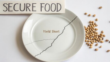 Creative Still Life of Cracked Plate with Text and Seeds for Food Security