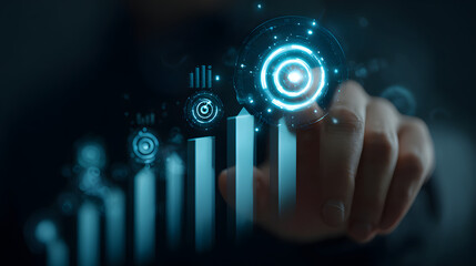 Depicting a person's fingertip interacting with a digital interface, showcasing glowing blue data visualization elements and bar graphs, symbolizing financial progress and technological advancement...