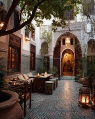 Serene Moroccan Courtyard Restaurant - Warm Lighting, Intimate Dining, Architectural Elegance.