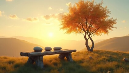 Wooden bench sits on grassy hill with stacked stones and autumn tree. Warm sunset light illuminates rolling landscape. Serene natural view promotes peace and quiet contemplation.