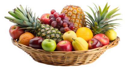 A basket of assorted fresh fruits, including pineapple, grapes, apples, and oranges, isolated on transparent background, showcasing vibrant colors