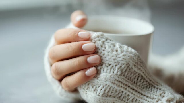 Woman&rsquo;s hand with nude manicure gently holding a steaming cup of hot beverage, wrapped in a chunky knit sweater, evoking feelings of warmth, coziness, relaxation, and peaceful winter mornings at home