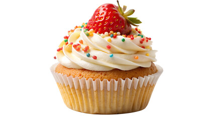 Delicious strawberry cupcake with sprinkles isolated on transparent background, a sweet treat for any occasion, creamy frosting and a juicy berry