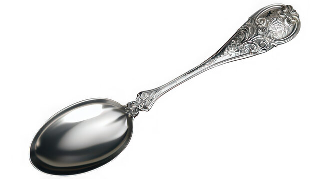 A shiny silver spoon with ornate detailing lying diagonally on a plain black background studio shot