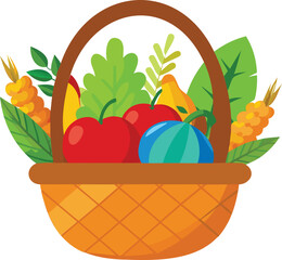Basket filled with variety of colorful fruits and vibrant green leaves