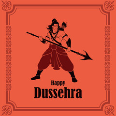 Dynamic vector illustration of Lord Rama in a warrior stance, armed with a spear and quiver, surrounded by an ornate frame on a vibrant red-orange background for Happy Dussehra.