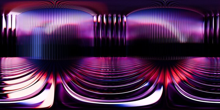 360-degree HDRI with vibrant neon lights in pink, purple, and blue hues. Abstract glowing render studio for futuristic reflections and CGI environments.