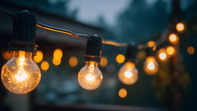 Outdoor string lights illuminate evening with soft, warm glow, suspended in row against blurred bokeh background, evoking sense celebration, relaxation, magical ambiance in any outdoor setting