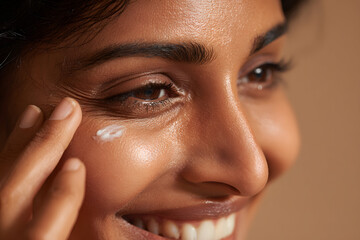 Woman applying cream to her face for skincare and moisturizing in a beauty treatment routine