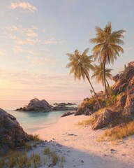 Serene Tropical Beach at Sunset with Palm Trees and Rocky Outcrops.