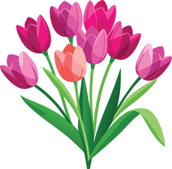 Beautiful bunch of tulip flowers of various colors with green leaves