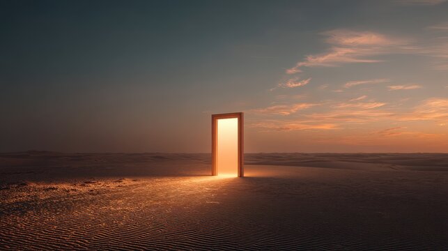 Surreal door glowing in the desert at dusk invites exploration and wonder