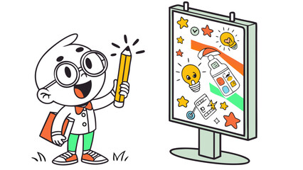 Cartoon poster and billboard with doodles popping out, funny advertising characters, creative vector illustration for stock, design packs, and playful stickers