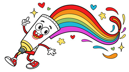 Cartoon paint tube mascot squeezing rainbow colors, funny creative art illustration in playful doodle vector style for stock, stickers, and design icons