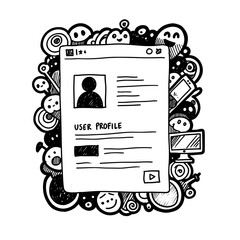 User profile web interface design surrounded by various icons  