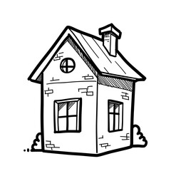 Hand-drawn simple house illustration with windows and chimney  